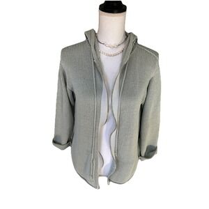 Margaret O'Leary Sweater Women Mint Green Zip Front Hooded Cardigan Linen Cotton